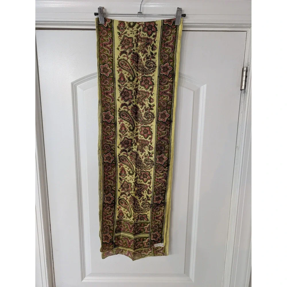 Vintage Hand Woven 100% Silk Scarf India Paisley Floral Green Yellow Pink Wrap